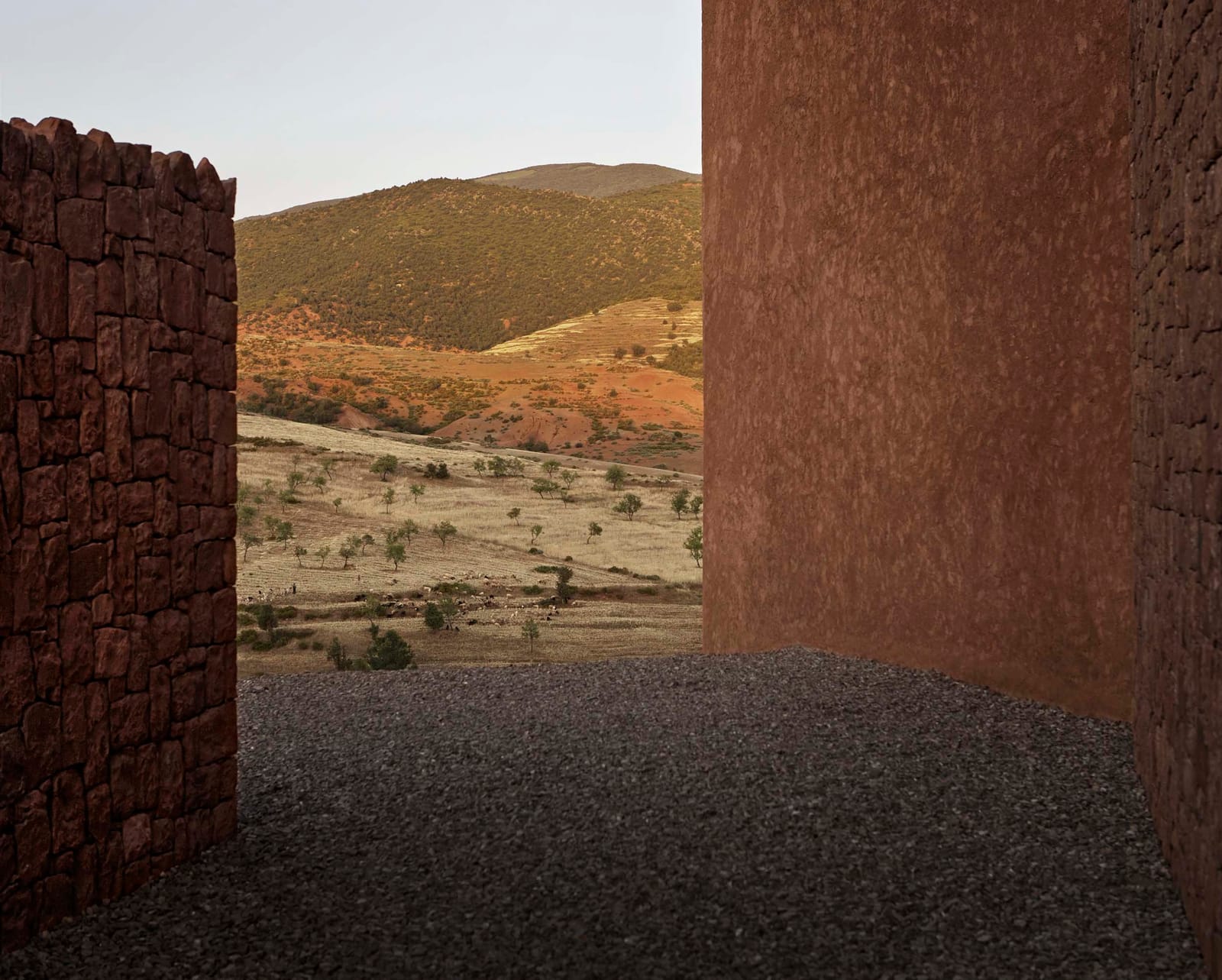 Two stone walls framing the Ourika valley, Villa E